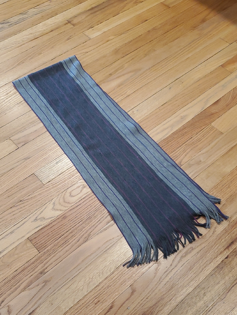 Hugo Boss Two-Tone Striped Scarf in Gray & Black with Subtle Purple Pinstripes